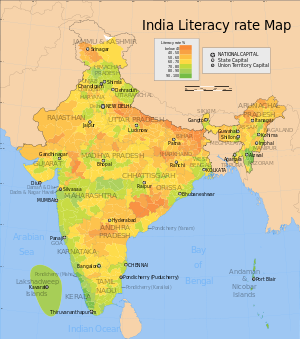 Map showing the literacy rate of each district in India