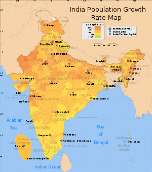 Map showing the population growth over the past ten years of each district in India
